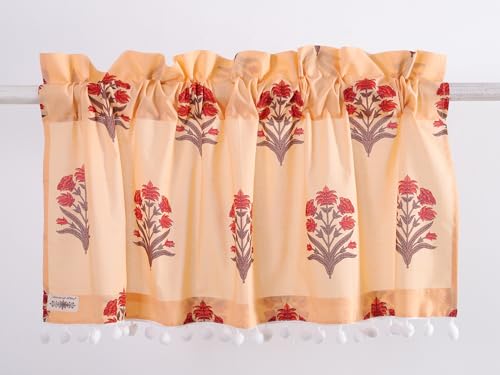 Image of Ravaiyaa - Attitude is everything Hand Printed Half Window Kitchen Curtain 100% Cotton Short Drapery Valance Curtain 40 inch X 18 inch Inch (Peach Floral)