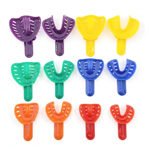 LA MIERE Dental Impression Trays Perforated Plastic Autoclavable 12Pcs Teeth Holder Upper &amp; Lower for Adults and Child Multicolor