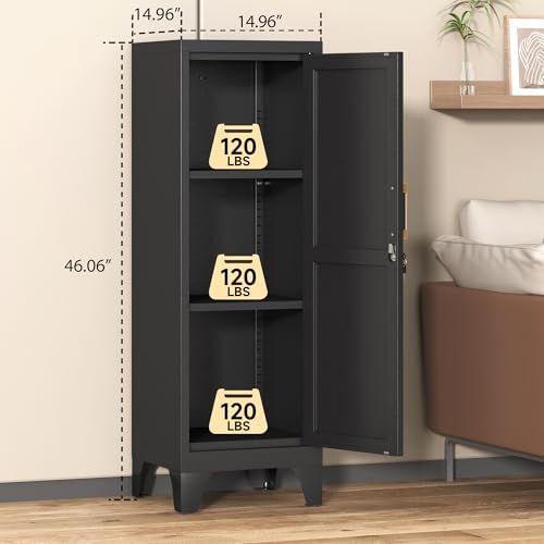 46\" H Metal Locker Storage Cabinet, Small Locker with Door and 2 Adjustable Shelf, Small Storage Cabinet with Adjustable Leveling Feet for Home, Bedroom, Office,Gym Assembly Required (46\" H Black)