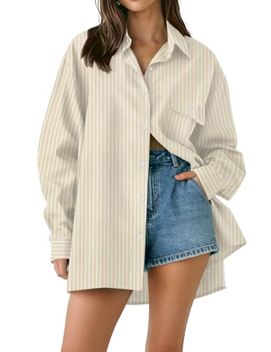 AKEWEI Polo Long Sleeve Plus Size Button Down Shirts for Women Collared V Neck Striped Shirt Women...