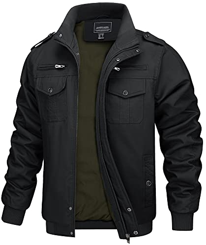 Tacvasen Men's Lightweight Cotton Jacket Military Multi-Pockets Coat Windproof Black, L #TOP1