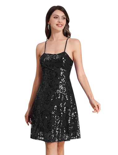 Amazon.com: Short Prom Sequin Skater Dress for Teens & Women - Black Mini  HOCO Dress for School Dance & Eighth Grade - Sparkly Spaghetti Straps,  Backless