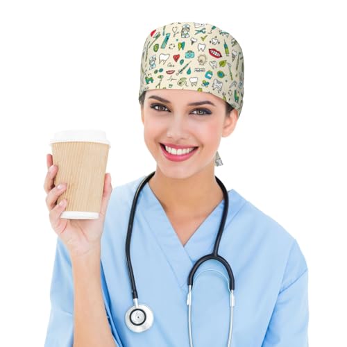 Image of Surgical Caps Men Women, Scrub Cap with Sweatband Adjustable | Tie Back Nurse Cap, Nursing Breathable Working Hat, Scrub Cap, Medical Hats