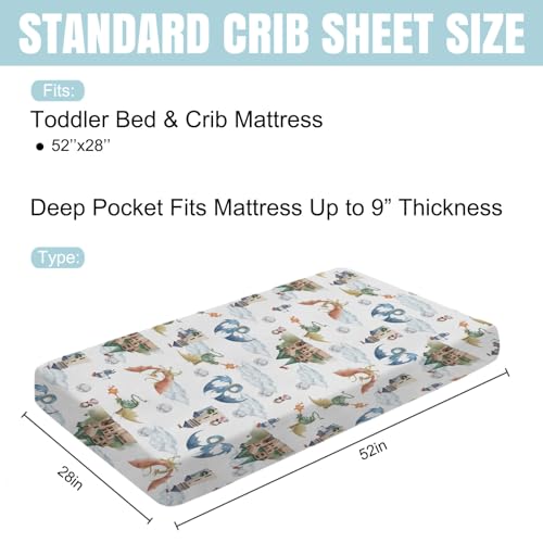 Image of Fairytale Dragons Castle Baby Crib Sheet 52''x28'' Cute Dragon Princess Knight Moon Clouds Stretchy Fitted Crib Mattress Cover for Boy Girl Bed Sheets for Standard Crib Toddler Mattress