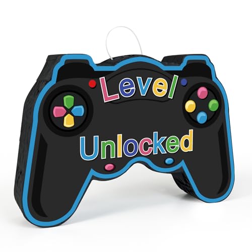 Small Level Unclocked Video Game Controller Shape Black Cute Piñata for Birthday Parties, Handle Happy 21st Birthday Decoration, Customizable Age from 1 to 100 with Adhesive Numbers Party Decorations