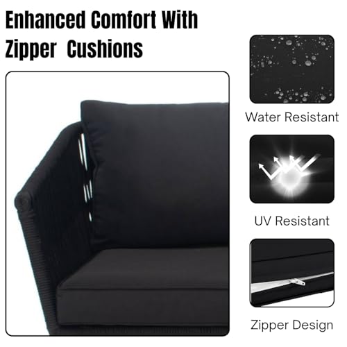 Image of DEVOKO Outdoor 3 Piece Rope Patio L-Shape Sofa All Weather Washable Cushion with Center Table for Garden, Pool, Deck, Balcony, Backyard (Black & Black)