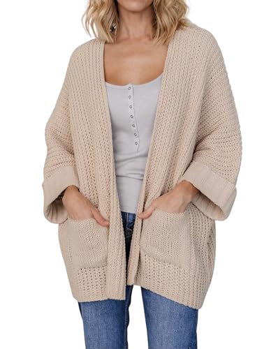 Athlisan Women's Oversized 3/4 Sleeve Open Front Knit Cardigan Outwear with Pockets