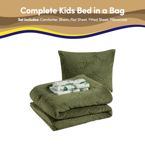 Image of Twin Size Kids Comforter Set - Dinosaur Embossed Bedding Set Bed in a Bag for Boys and Girls Toddlers Sheet Set and Comforter, Dinosaur Embossed