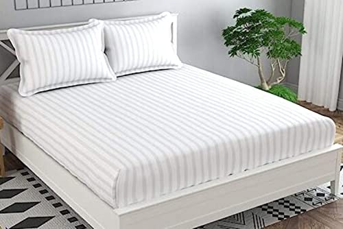 Image of DECOR2ADMIRE 300 TC Premium Glace Cotton All Round Elastic Fitted Plain Stripe Pastel Shades Queen Size Bedsheet with 2 Pillow Covers (White, Queen 90 inch x 100 inch)