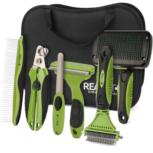 ReaVET Set di 6 spazzole professionali per cani e gatti, spazzola per cani e gatti, spazzola per cani e gatti, spazzola per infeltrimento, spazzola per sottopelo, pettine per pulci, forbici per