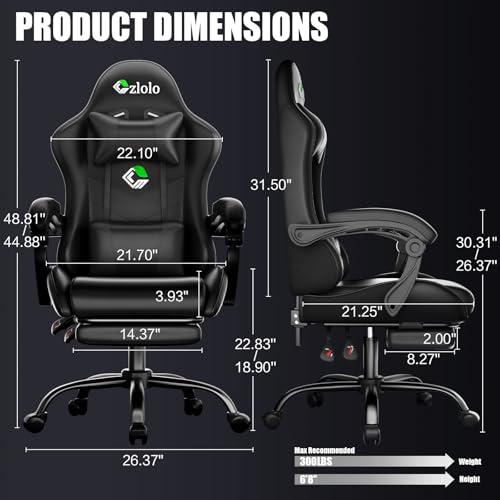 Image of Czlolo Gaming Chair with Footrest Racing Style Lumbar Support Massager Video Game Chair with Metal Legs, High Back Gamer Chair with Headrest, 360 Swivel Office Computer Desk Chair (Black)