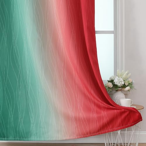 Estelar Textiler Red and Green Ombre Blackout Curtains for Sliding Door, Thermal Insulated Gradient Drapes 96 Inches Long, Full Light Blocking Curtains for Living Room/Bedroom, 52Wx96L, 2 Panels