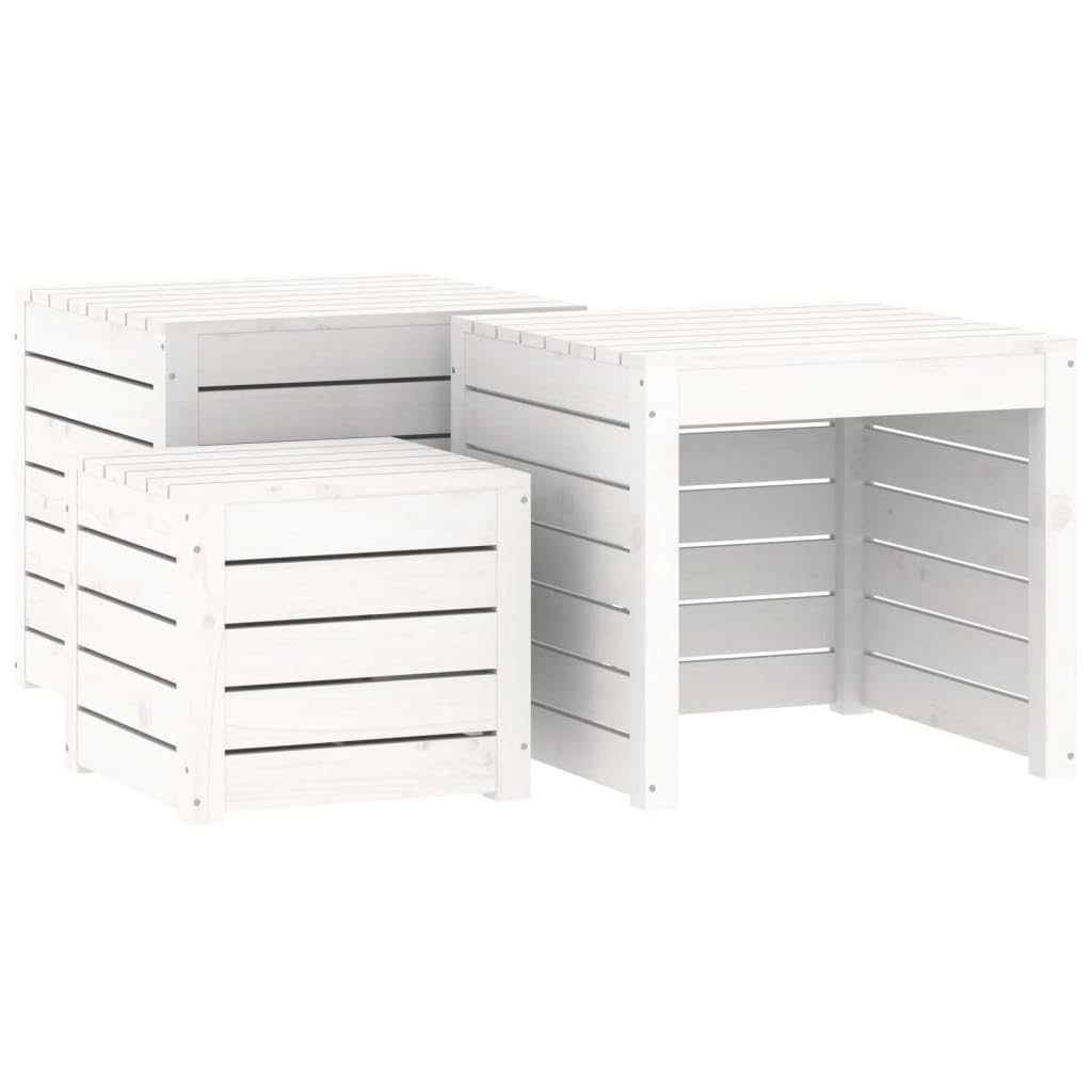 Conjunto de cajas de jardín de 3 piezas blanco de madera de pino macizo, gran espacio de almacenamiento para cojines y herramientas, tapa práctica, uso como asiento o mesa