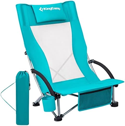 KingCamp Folding Beach Chair for Adults High Back Lightweight Portable Backpack Chair with Cup Holder Pocket Headrest Carry Bag for Outdoor Camping Sand Concert Lawn Festival Sports, Cyan