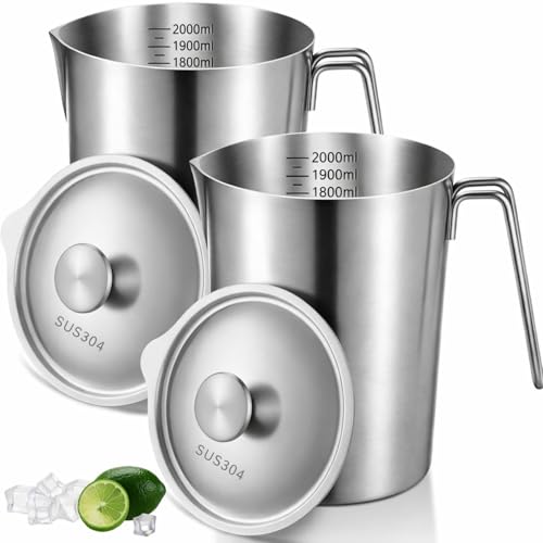 Acellegic 2 Pcs 2 L/70 oz Large Stainless Steel Pitcher with Lid, Metal Measuring Cup, Large Mouth Graduated Beakers with Handle, Milk Frothing Jug for Espresso Machine, Latte Art, Hot/cold Water