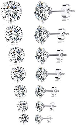 Tornito 7 Pairs 20G Stainless Steel Stud Earrings Round Cubic Zirconia Barbell Earring Set For Men Women 2MM-8MM Silver Tone