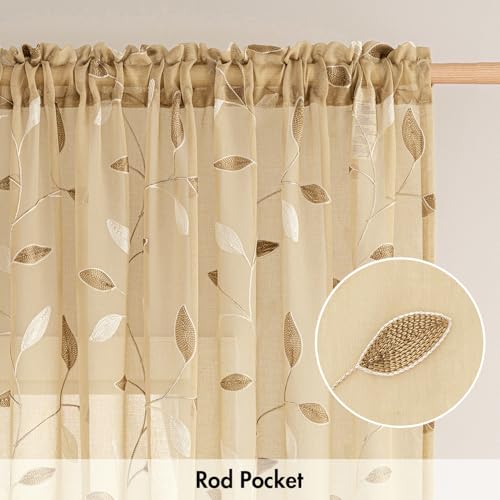 MIULEE Khaki Sheer Curtains 2 Panels Embroidered Leaf Patterned, W52 x L96 by MIULEE - Used condition - Image 6