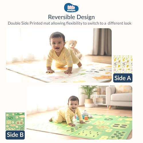Image of Kids Station Double-Sided Waterproof Baby Playmat - Foldable, Portable & Reversible Foam Mat for Infants, Toddlers & Kids - Soft, Non-Slip, Easy-to-Clean Baby Crawling Mat for Indoor /Outdoor Use (200x150x0.8cm, Animal 1,2,3 Count & Coin Print)