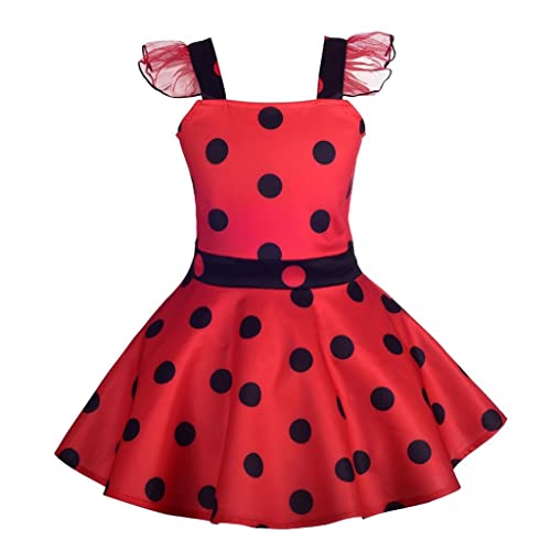 Lito Angels Deguisement Spotted Hero Girl Coccinelle Enfant Fille, Robe Rouge à Pois Anniversaire Fete Carnaval, Taille 5-6 ans (étiquette en tissu 130)