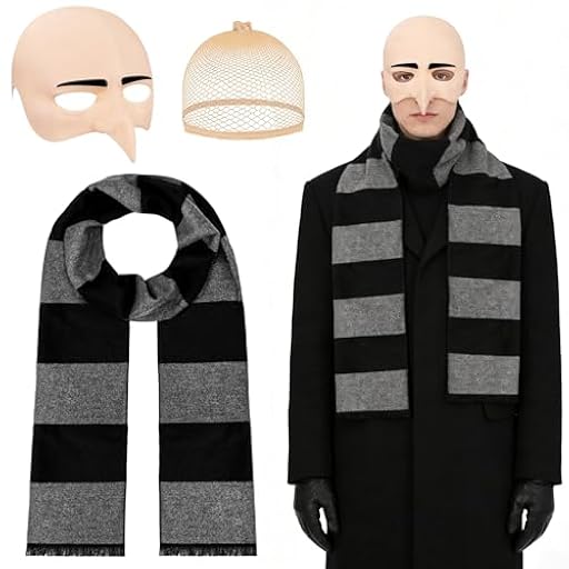 Kkluno Disfraz de carnaval para hombre, gorra calva, disfraz con nariz larga y bufanda a rayas negras y grises, disfraz de películas famosas, accesorio para semana temática, fiesta, carnaval, cosplay | Ya disponible en tu tienda friki favorita! En mundofriki.es!