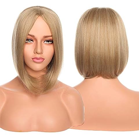 Silk-co Fashion Girl Dyes Short Straight Hair Wig Gradient Wave Bob Woman Middle Part Synthetic Full Wigs Cosplay Costume Lady Wig Party (Light Strawberry Blonde) Cover