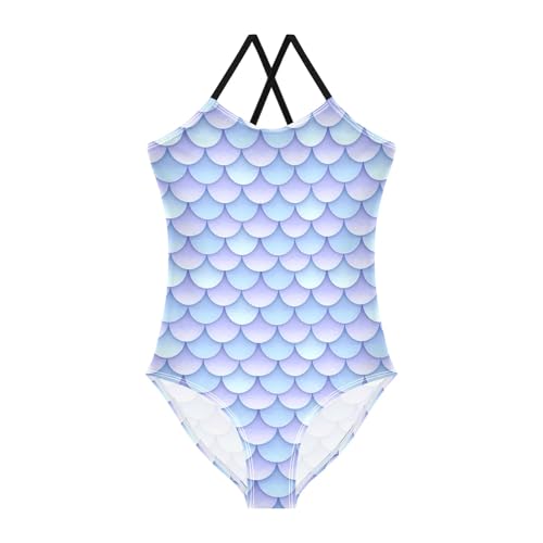 senya Girls Swimsuits One-Piece Swimwear Tie Bathing Suit Beach Summer Round Neck 7-8T Light Blue Mermaid - Scale Pattern