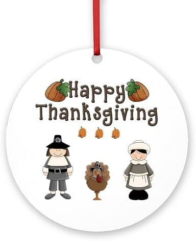 CafePress Happy Thanksgiving Pilgrims and Turkey Ornament (R Round 4" MDF Holiday Ornament