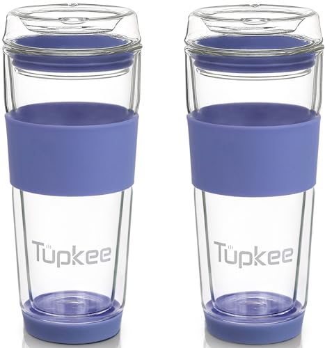 Tupkee Double Wall All Glass Tumbler - 14-Ounce, Reusable Insulated Tea/Coffee Mug & Lid, Hand Blown Glass Travel Mug - Jacaranda - 2 Pack