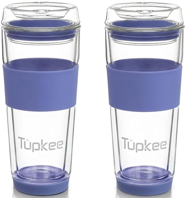Tupkee Double Wall All Glass Tumbler - 14-Ounce, Reusable Insulated Tea/Coffee Mug & Lid, Hand Blown Glass Travel Mug - Jacaranda - 2 Pack