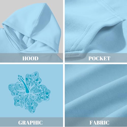 Lubpow Cute Pink Hoodie Kids Girls Aesthetic Preppy Hibiscus Flower Puff Hoodies Kawaii Hawaii Palm Beach Graphic Pullover(Sky Blue,150)