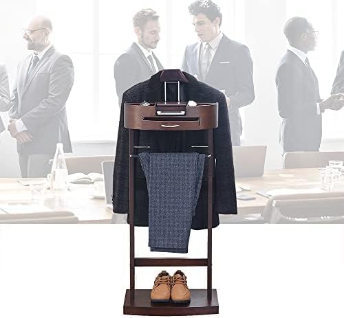 Solid Wood Suit Valet Stand with Drawer and Shelf Floor Standing Clothes Nizer for Office and Bedroom Brown Wood Finish,White
