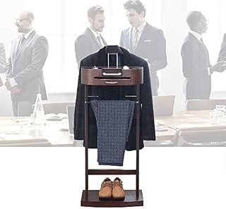 Soporte de madera maciza con cajón, colgador de ropa para chaquetas y pantalones, elegante valet para oficina, sala de estar y dormitorio, color marrón Serene16