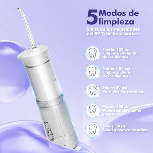 Image of Water Flosser Cordless Travel, Mini Oral Irrigator with Telescopic Water Tank, 5 Modes, 6 Jet Tips, IPX7 Waterproof Electric Portable Water Teeth Cleaner for Braces Bridges Care