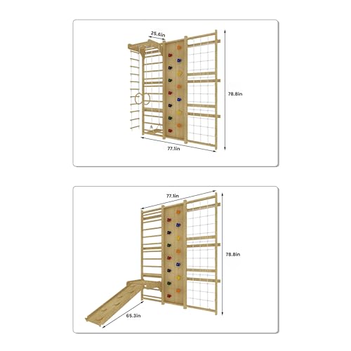 Avenlur Walnut 9-in-1 Swedish Ladder Wall Gym Set - 78.8 Inches - Trapeze Swing, Rope Ladder, Rock Wall, Rope Wall, Rock Ramp Climber, Slide, Pull-up Bar, Ladder and Swing - Thumbnail 7