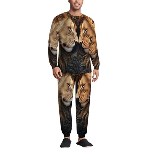 Wild Lion Couple Print Pajama Set Long Sleeve Lounge Sets Sleepwear 2 Pjs Nightwear for Men Women