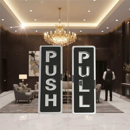 Image of Push Pull Door Sign Black & Silver Acrylic Door Plate, Self Adhesive Entrance Sign Sticker, 2-in-1 Set for Office, Hotel, Shop, Commercial Space, Glass & Wooden Doors