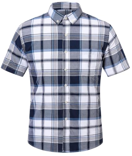 Image of SANGTREE Men's Premium Oxford Cotton Short Sleeve Shirts, Classic Stripes, Ideal for Business & Leisure,Navy White,Medium