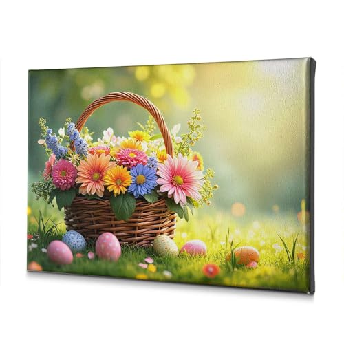 Toile salle de bain panier fleurs colorées œufs Pâques herbe 40x60 cm