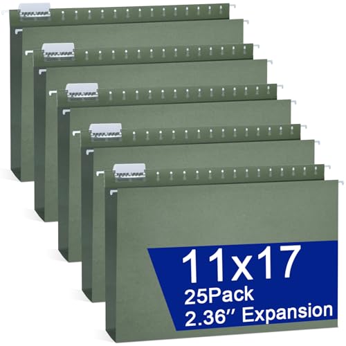 25 Pack 1117 Expanding Hanging File Folders for Filing Cabinet 1/5 Cut Heavy Duty Hang Folders with Plastic Tabs & Label Cards Extra Large Hangers File Organizer for 1117 Paper Engineering Document