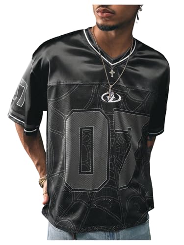 RoseSeek Mens Vintage Satin Jersey Shirts V Neck Short Sleeve Graphic Tees Basketball T Shirt Streetwear Black Small