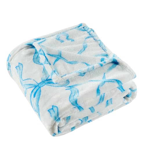 Blue Bow Throw Blanket – 50x60 Inch Soft Fleece Blanket for Girls and Women, Coquette Aesthetic Room Decor for Bed, Couch, Chair, Preppy Bedroom or Gift, Cute Pink Bow Decor Blanket