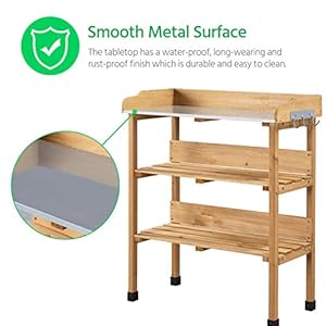 Topeakmart potting bench table wmetal tabletop for garden fir wood workstation w3 tier shelves outdoor work bench whook natural wood  urban country home decor