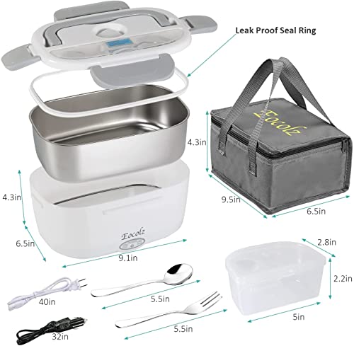 Eocolz Electric Lunch Box Food Heater Warmer 60W, 2 In 1 Portable Lunch Box For Car Truck Home Work Leak Proof With 1.5L Removable 304 Stainless Steel Container & Spoon 2 Compartments 110V 12V 24V #TOP5