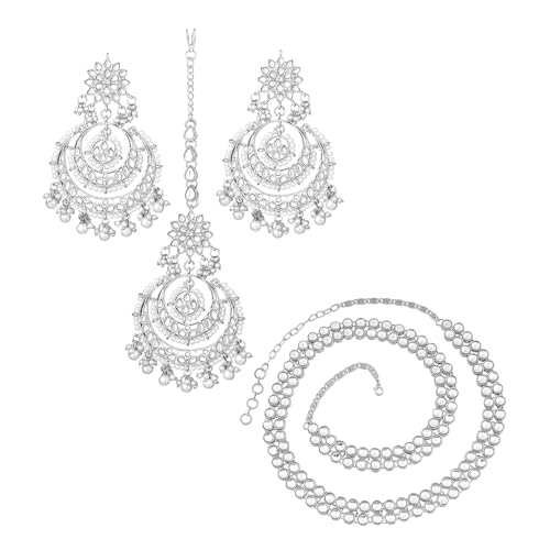 Image of Peora Traditional Jewellery Rhodium Kundan & Pearl Maang Tikka Earring Set for Women Girls