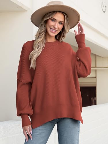 Image of ANRABESS Women Oversized Sweaters Batwing Long Sleeve 2026 Fall Outfits Crewneck Casual Knit Side Slit Fashion Pullover Top