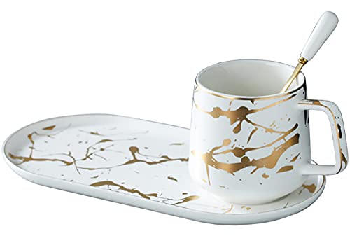 KKgud Ensemble tasse à café et soucoupe en porcelaine 400 ml + assiette ovale pour petit déjeuner, thé de l'après-midi - Motifs marbre (blanc) Cover