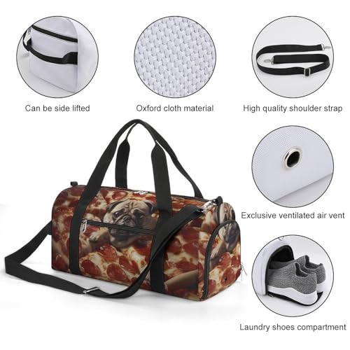 Pug and Pizza Funny Gym Bag Travel Tote Bag Duffel Bag with Shoe Compartment for Weekender Sports Vacation2