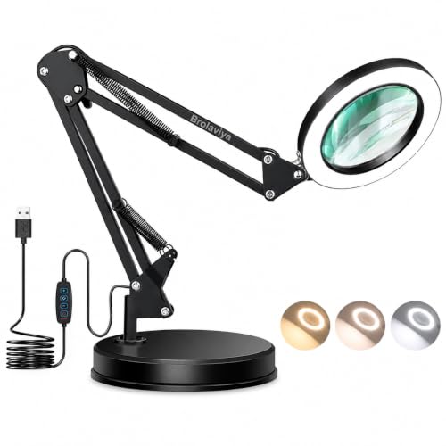 Image of BROLAVIYA Overhead Heavy Base 5X Magnifying Glass with Led Light and Stand, 3 Color Modes Dimmable, Flexible Metal Arm, Magnifier Desk Lamp for Crafts, Makeup, Reading, Photography - Black