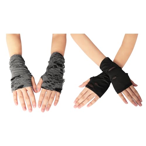 Hftjtsa Women's Punk Fingerless Glove Cosplay Arm Warmers Black Broken Slit Ripped Gothic Gloves...