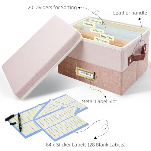 Remowith Greeting Card Organizer, Linen Storage Box with 20 Removable Dividers, 84 Labels & 1 Marker, Perfect for Greeting Cards, Photos, Envelopes, Stickers, Postcards, Light Pink&Lotus by Remowith - Image 4